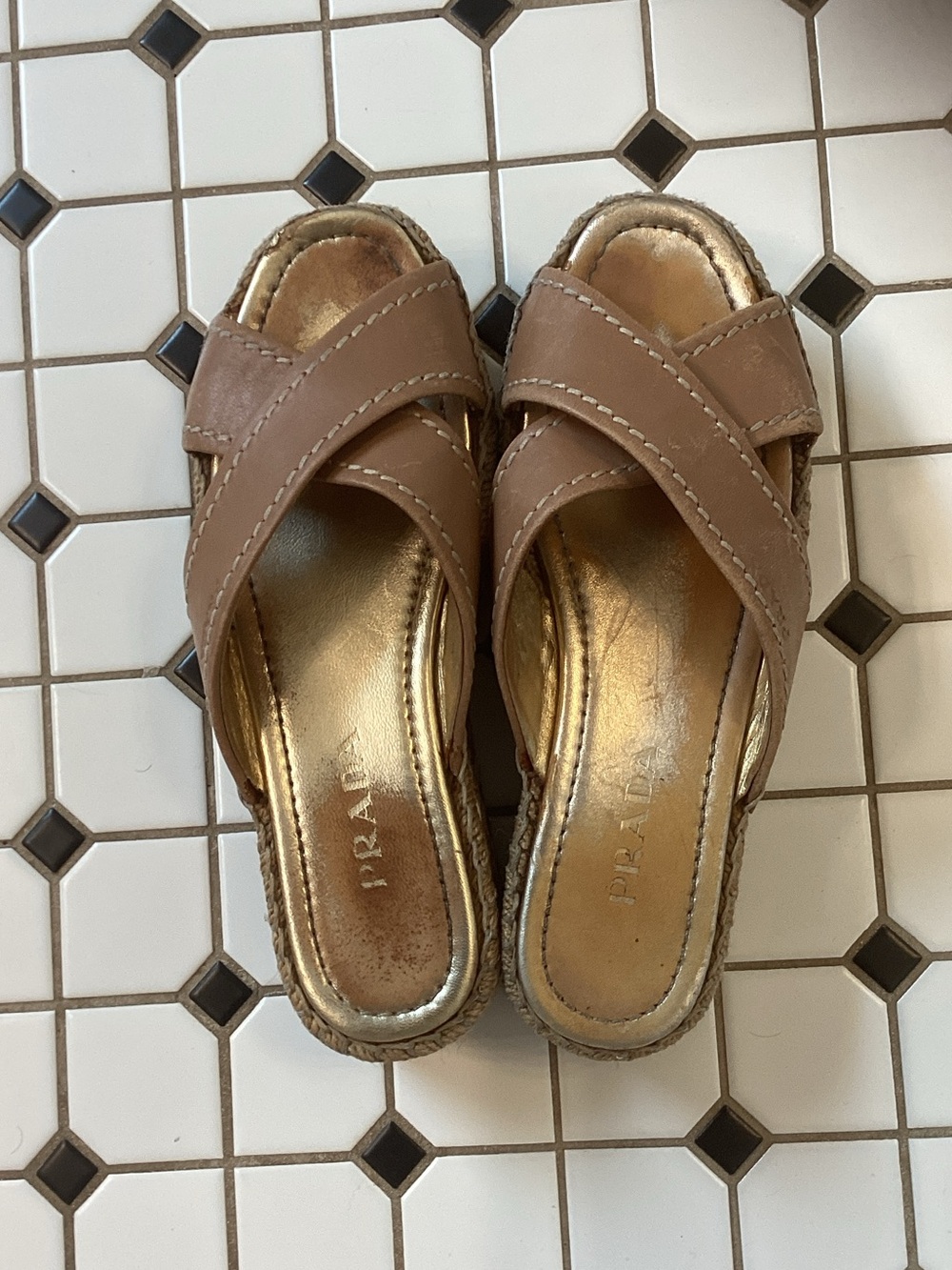 Prada Women’s Brown Leather Espadrille Slide Sandals - Picture 3 of 3